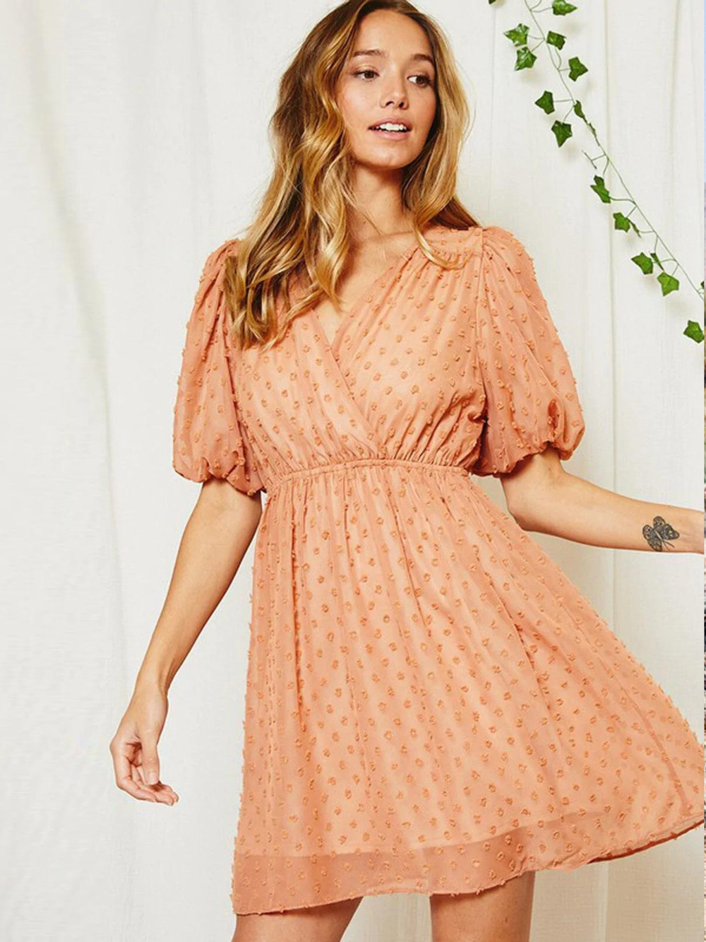 Peach Swiss Dot Mini Dress Smocked Waist Flowy Size Large